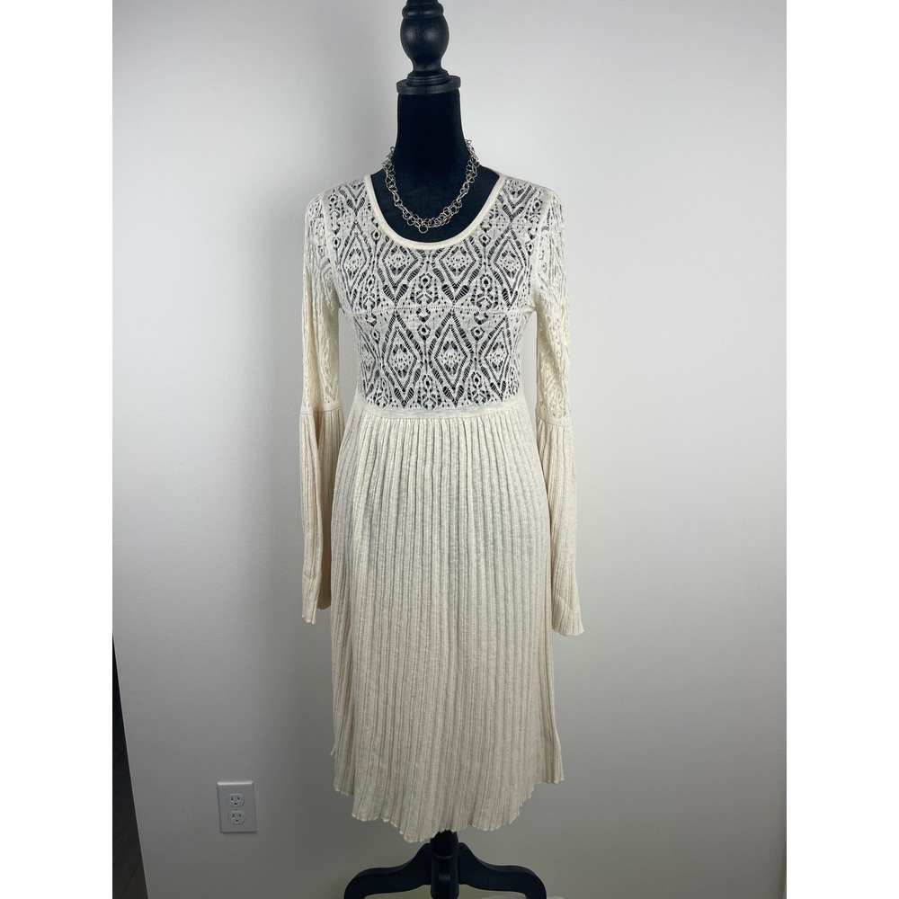Anthropologie Floreat Ivory Crochet Lace Ribbed Bell Sleeve Sweater Dress XS NEW